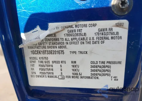 2003 Chevrolet Silverado 1500 Ls z USA, uszkodzony, nr VIN 1GCEK19T33E201675